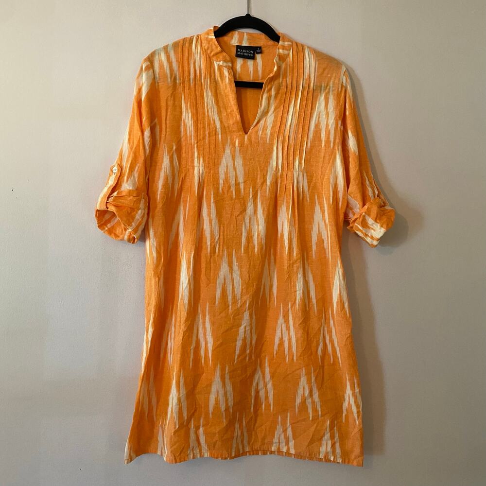 Madison Mathews Orange White Popover Shift Dress 3/4 Sleeve Cotton Women's Small